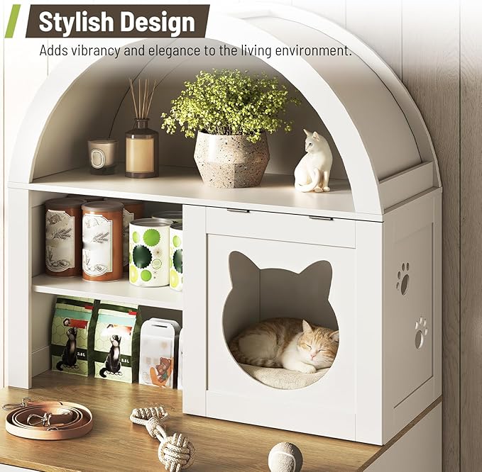 63" Large Cat Litter Box Enclosure Furniture, Arched Hidden Litter Box Cabinet with 3 Storage Shelves and Ventilation Holes, Wooden Cat House with Flip-Up Door, White and Natural