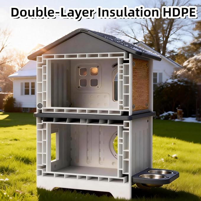 Insulated Outdoor Cat House Weatherproof for Feral Multi Cat, 2 Story Plastic Elevated Cat Shelter with Escape Door, Scratching Post, Stainless Steel Bowl, Grey 35" D x 15" W x 20" H
