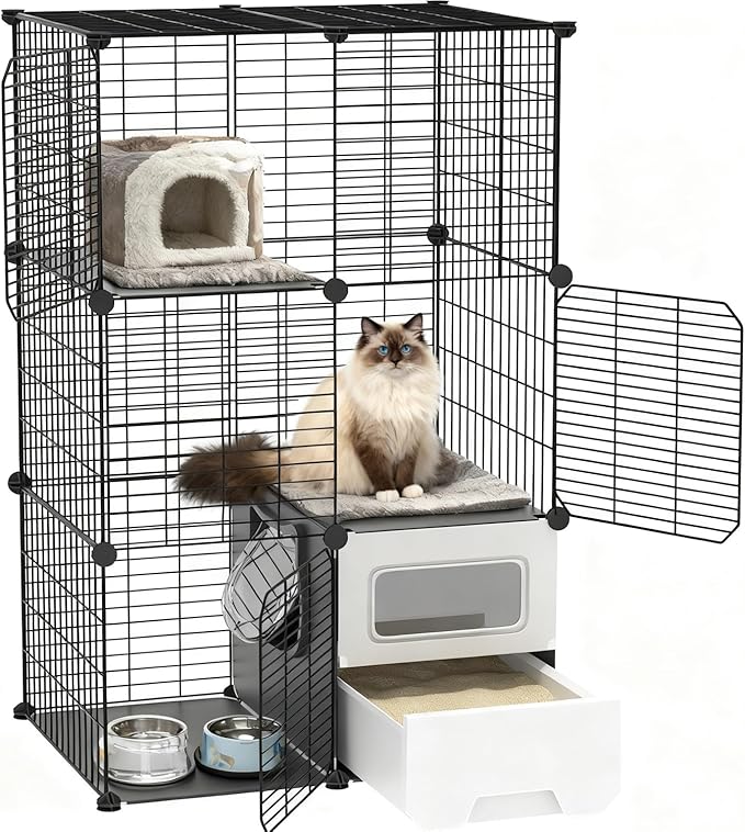 Cat Cage Indoor with Litter Box 3-Tier DIY Cat Crate Detachable Metal Wire Kennel Crate Large Exercise Place Ideal for Kitten