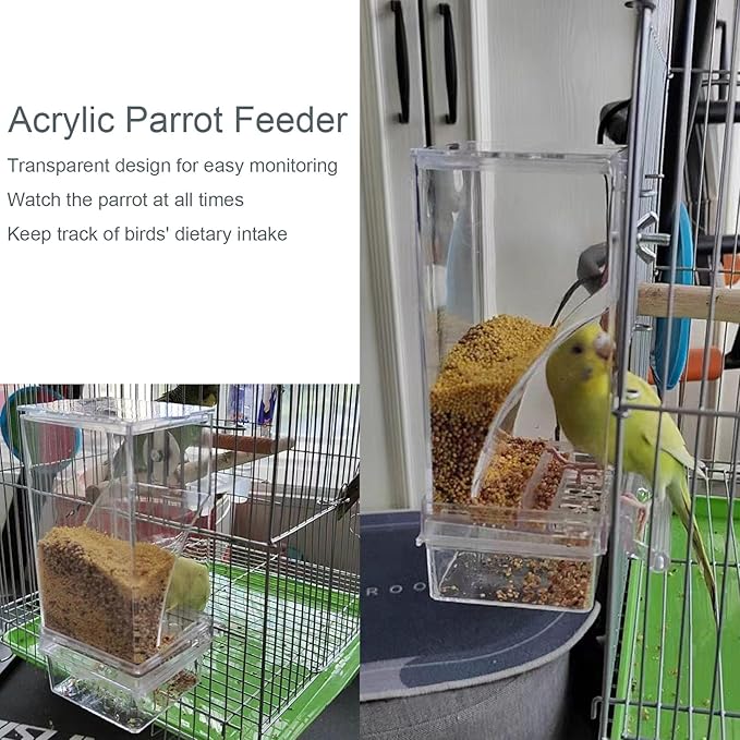 Automatic No Mess Bird Cage Feeder， 2Pack Acrylic Transparent Parrot Seed Feeders with Perch Parakeet Food Container Cage Accessories for Small and Medium Lovebirds Canary Cockatoo Cockatiel Finch