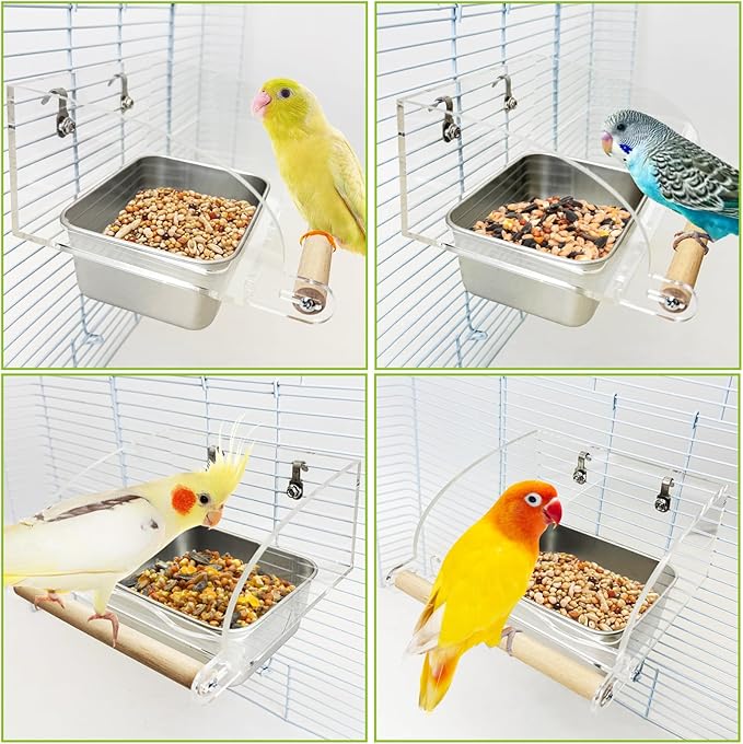 BNOSDM No Mess Bird Feeder for Cage with Stainless Steel Food & Water Bowl Wood Anti-Slip Perch Stand with Acrylic Parakeet Seed Dishes for Cockatiel, Lovebird, Canary, Finch, Conure (Hook)
