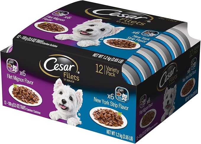 Cesar Filets in Gravy Adult Wet Dog Food Variety Pack, Filet Mignon and New York Strip Flavors, 3.5 oz. Easy Peel Dog Food Tray, 12 Count (Pack of 1)
