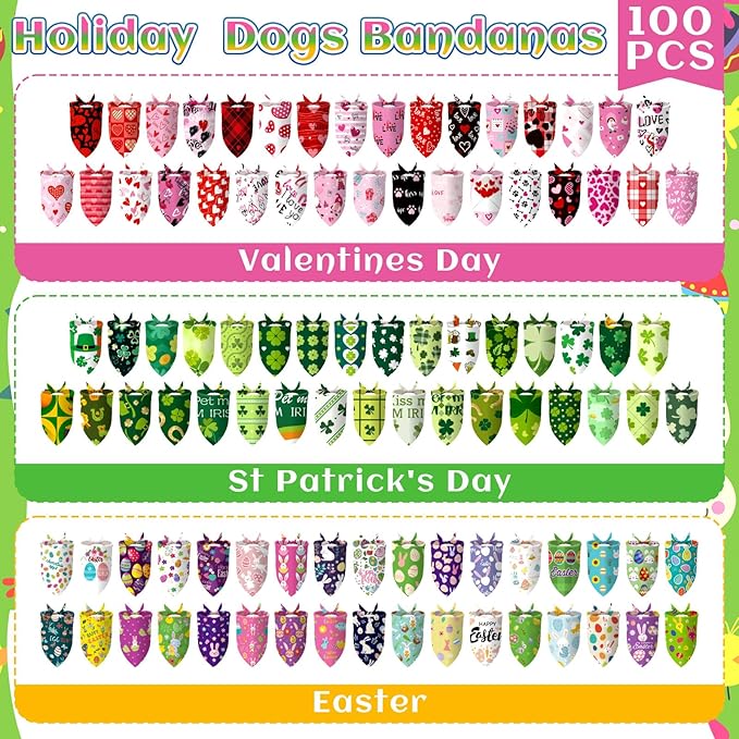 100 Pcs Seasonal Dog Bandanas Valentines Day St. Patrick's Day Easter Pet Bandanas Bulk Holiday Triangle Pet Bibs Scarf for Medium Large Dog Spring Festival Costume Decor