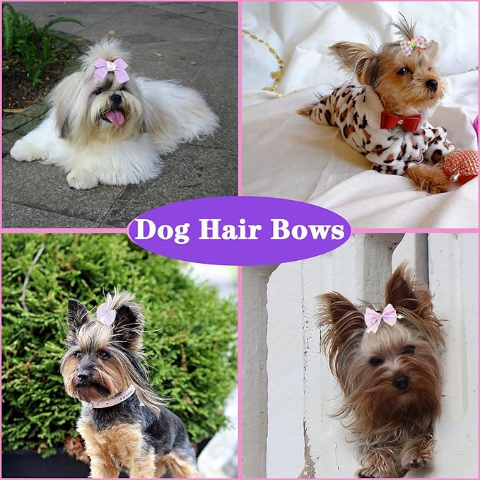 20pcs Purple Dog Hair Bows for Small Dogs - Yorkie Puppy Hair Accessories with Rubber Bands, Cute Bowknot Hair Clips for Pet Grooming, Handmade Girly Dog Bows Mix Styles
