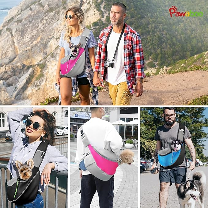 Pawaboo Pet Dog Sling Carrier, Hand Free Drawstring Dog Papoose with Adjustable Strap, Breathable Mesh Bag for Puppy Cat, Crossbody Satchel Dogs Purse with Pocket for Outdoor Travel, Light Blue, Small