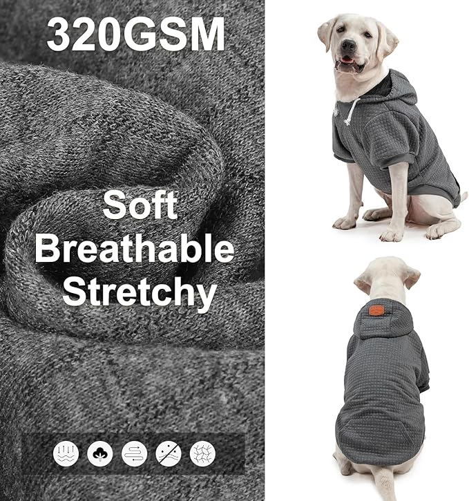 BEAUTYZOO Dog Hoodie with Leash Hole and Pocket,Dog Sweaters for Small Medium Large Dogs Boys Girls,Waffle-Like Laminated Cotton Warm Outfits for French Bulldogs, Pitbull, Winter Puppy Clothes Jacket