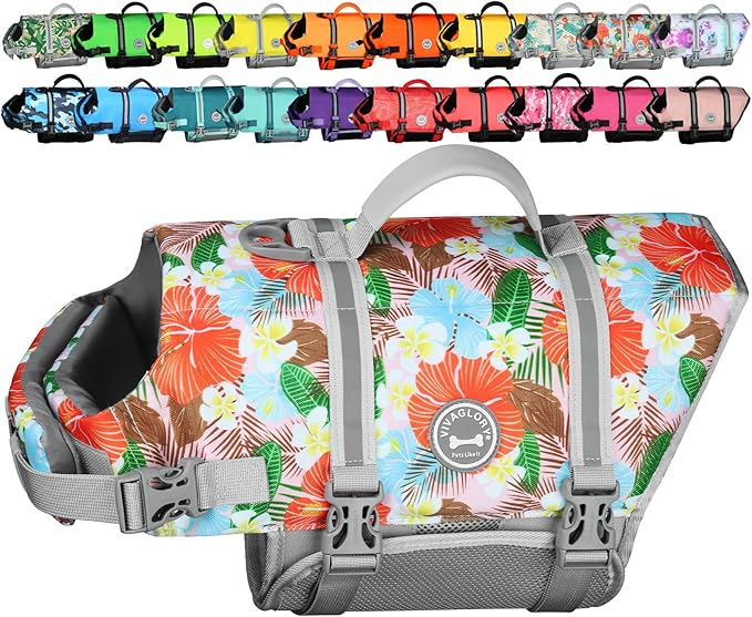 VIVAGLORY Rip Stop Dog Life Vest, Swimming Vest with Handle, Buoyancy for Doggy Puppy, Dog Life Jacket for Swimming & Boating, L, Floral Orange