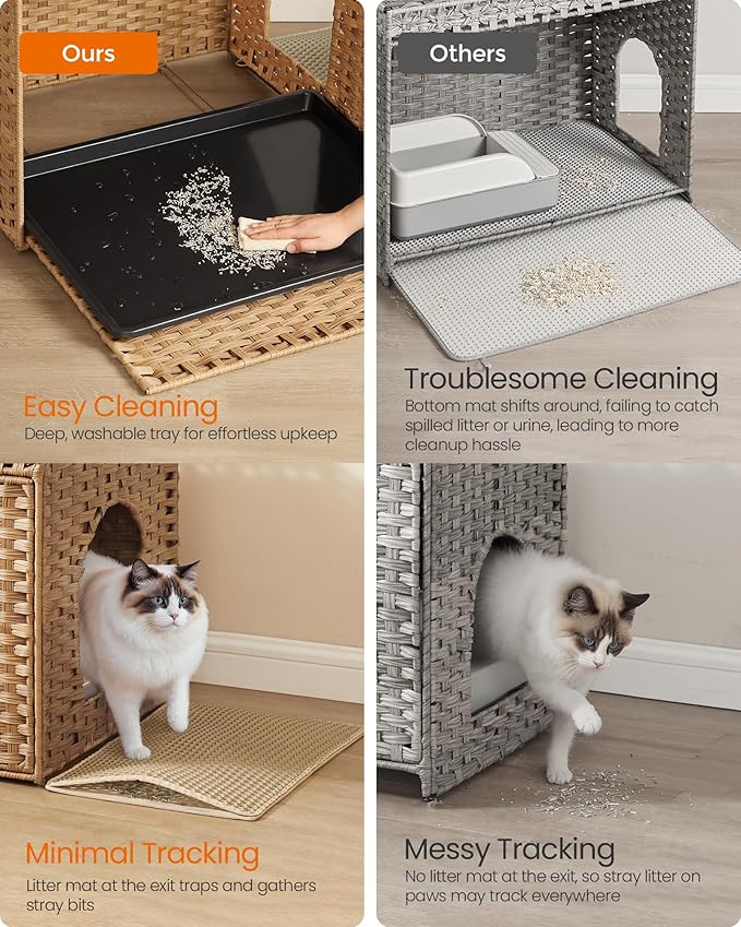 Feandrea Cat Litter Box Enclosure, Handwoven Rattan Hidden Litter Box Furniture with Extra Litter Mat, Removable Washable Tray, Boho Cat House, End Table, Goose Yellow UPCL014K01