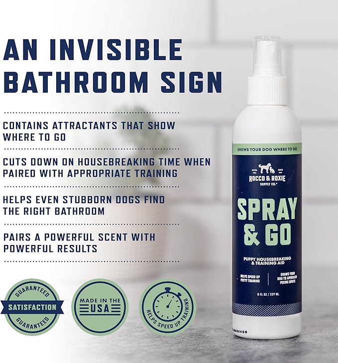 Rocco & Roxie Puppy Potty Training Go Here Spray for Dogs - Attract Dog to Pee in One Spot - Behavior and Housebreaking Aids - Indoor and Outdoor - Tools and Supplies for Dogs and Puppies Made in USA