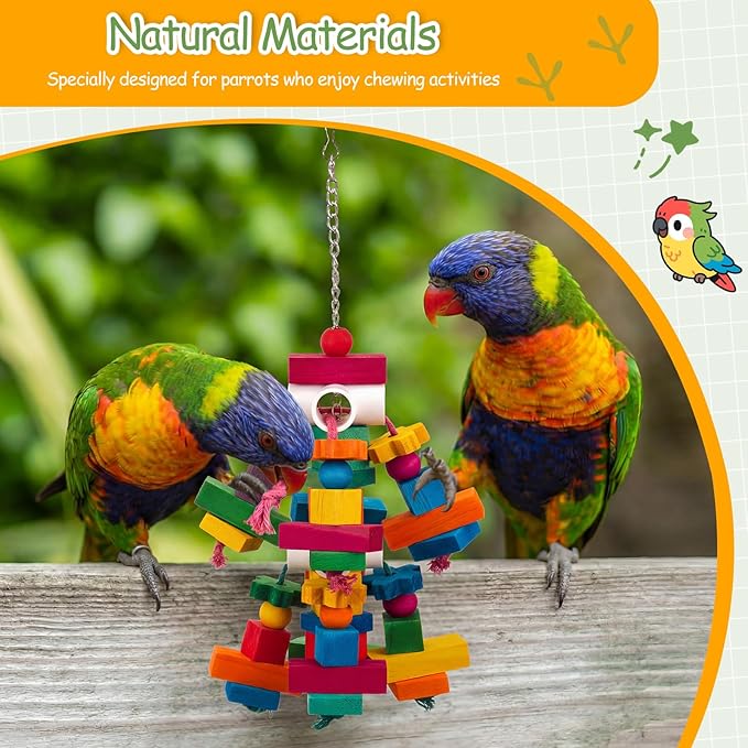 3 Pcs Large Parrot Toys 17.8" Colorful Chewing Toy with Natural Wood Blocks for African Greys, Cockatoos, Parrots, Macaws, Medium Birds Cage Toy Accessories