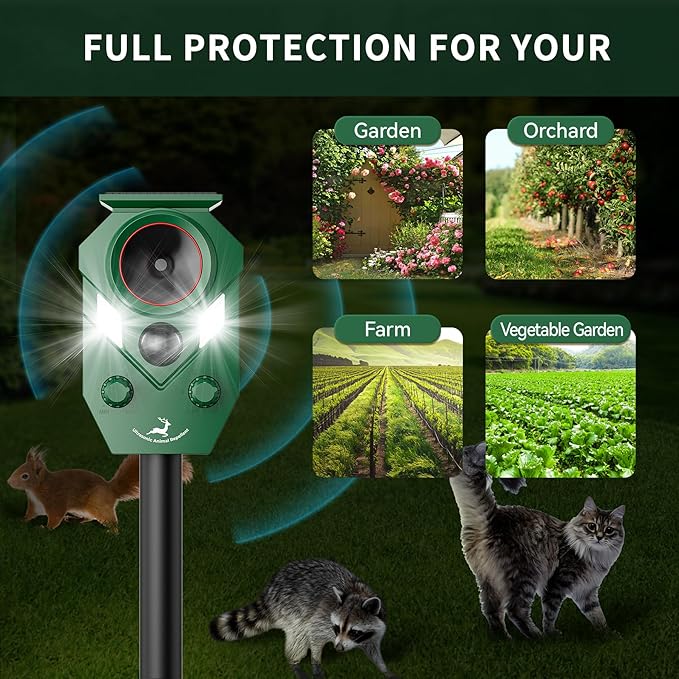 4 Pack Ultrasonic Deer Repellent Devices Outdoor, Solar Animal Repellent Outdoor for Yard Garden Rabbit Repellent Device Effective Repel Cat, Dog, Squirrel, Deer, Raccoon, Rabbit, and Skunk