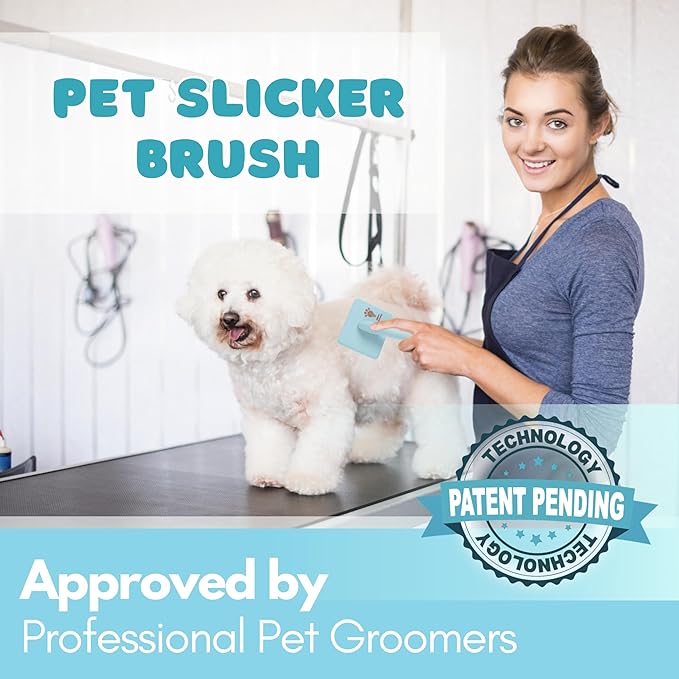 Pet Slicker Brush With Soft Massage Grooming Stainless Steel Pins - For Dematting, Shedding Fur, and Undercoat - Ideal Gift for Professional Pet Groomers - Long Slicker Brush (Blue, Curved Large)