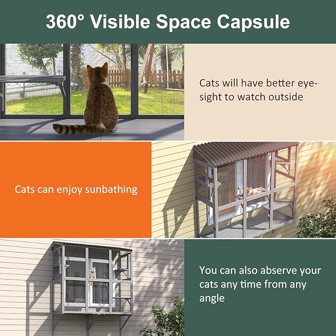 Cat Catio, Expandable Window Box Enclosure for Multiple Indoor Cats, Comfortable Wooden Small Pet Perch House, All-Weather Use, for Safely Enjoying Outdoor Sights, Playing, Sunbathing, Napping