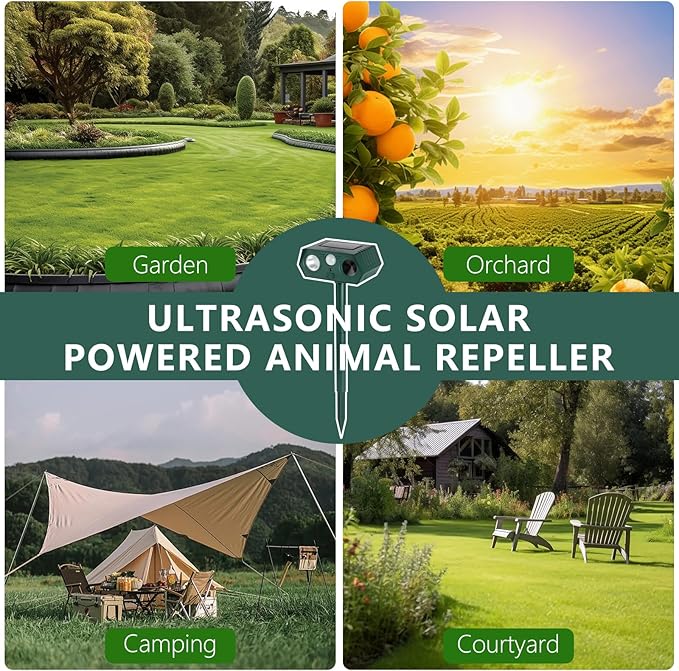 2Pack 2026 Ultrasonic Animal Repellent Outdoor Deer Repellent Devices Solar Animal Repeller Motion Activated Deterrent to Scare Cat Squirrel Rabbit Raccoon Skunk with LED Flash Lights for Yard Lawn