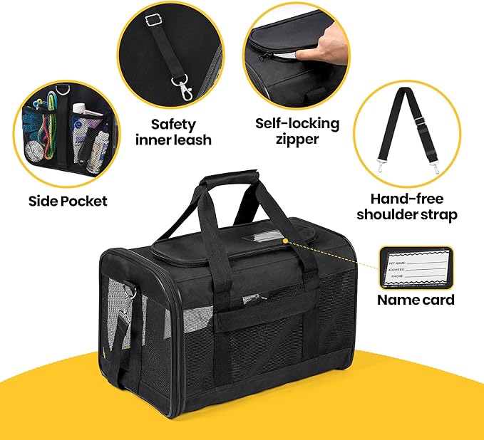 Dog Carrier Soft Sided, Large Cat Carrier with Inner Safety Leash, Pet Transport Carrier for Large Cats and Medium Dogs up to 20 Lbs, Collapsible Travel Puppy Carrier Bag -Black L