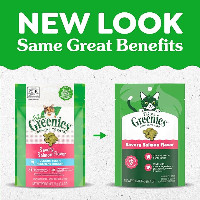 Greenies Cat Treats, Feline Veterinarian-Recommended Adult Natural Dental Cat Treats, Savory Salmon Flavor, 2.1 oz. Pouch
