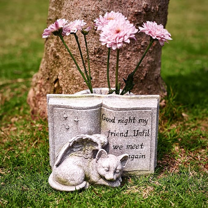 Cat Angel Memorial Stones, Sleeping Cat Grave Stone Markers Forever in Our Hearts. Cat Angel Figurine Outdoor Best for Deceased Pet Cat Polyresin, Stone Finish