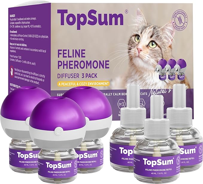 TopSum Cat Pheromones Calming Diffuser: Premium Pheromone Diffuser for Cats - Cat Pheromones Diffuser - Cat Calming Diffuser - Cat Calming Pheromone Diffuser (3 diffusers+ 3 Refills)