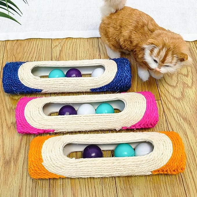 Cylindrical Scratching Board Sisal Cat Toys with 3 Pcs Ringing Balls 11 in Scratching Roller for Indoor Cats Playing (Orange)