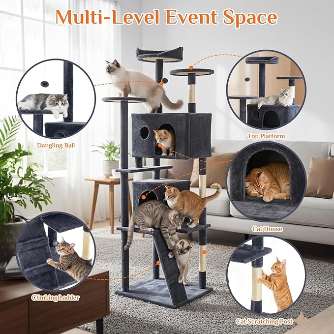 Sweetcrispy 70 Inch Cat Tree Tower, Multi-Level with Cat Scratching Post, Indoor Cat Condo with Climbing Ladder, Plush Toy, Play House for Cat, Dark Grey