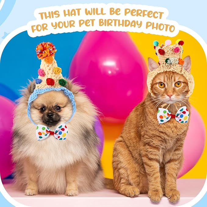 Ganeen 4 Pack Cat Birthday Hat Crochet Happy Birthday Cat Party Outfit Small Animal Top Hats Headband Rabbit Bow Tie Pet Hat Headband Bowtie Collar Costume for Rabbits Kittens Pet Party