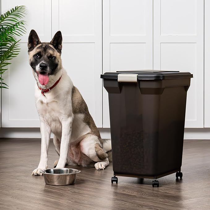 IRIS USA Dog Food Storage Container 58 lbs, Attachable Wheels, for Dog Cat Birds and other Pets, Food Storage Bin, Keep Fresh, Easy Mobility, BPA Free - Made in the USA, Black