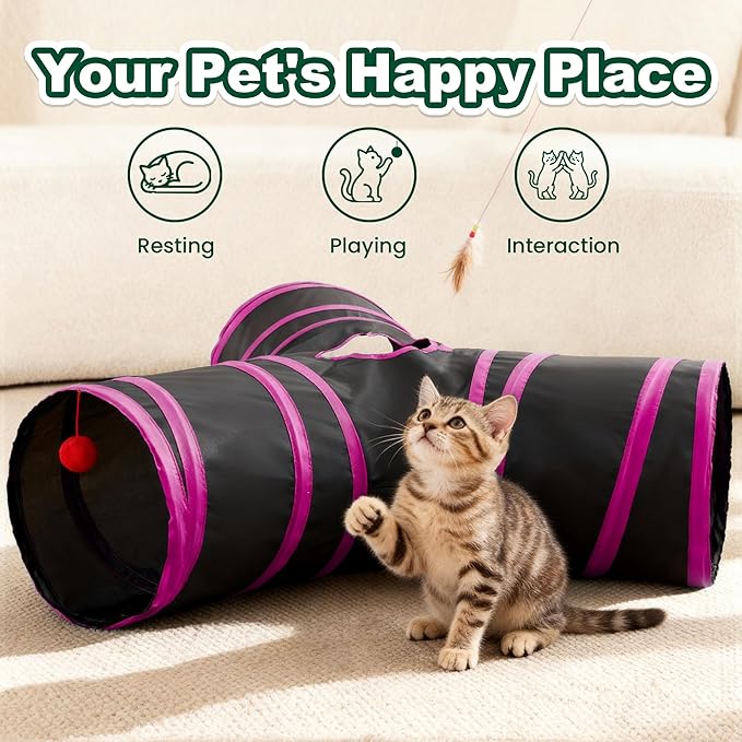 Love’s Cabin Cat Tunnel for Indoor Cats, 3-Way Collapsible Play Tunnel with Teaser Wand, Peek Holes & Toy Ball, Small Pet Toy for Kittens & Rabbits, White & Light Grey, Medium Size