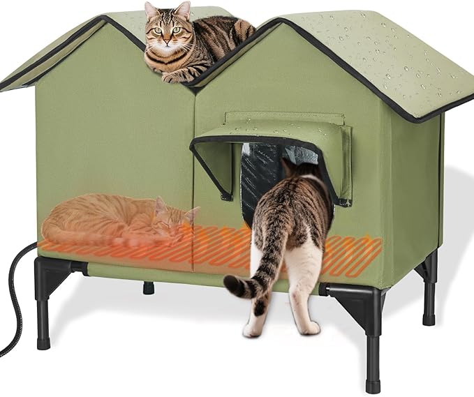 Large Heated Cat House for Outside in Winter, Elevated Waterproof Cat House for Outdoor Cats with Heating Pad, Insulated Heated Outdoor Cat House Weatherproof for Stray Cats Small Dogs (Green)