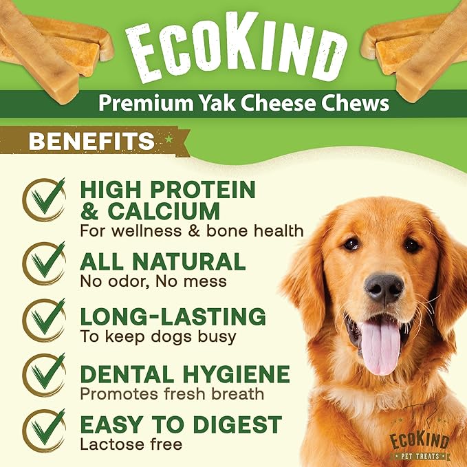 EcoKind Premium Gold Yak Cheese Himalayan Dog Chews, Dog Treats for Medium Dogs, All Natural, High Protein, for Aggressive Chewers, Medium - 3 Chews