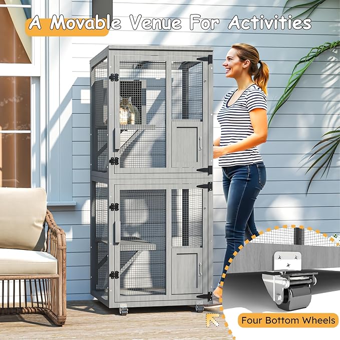 2 in 1 Catio Outdoor Cat Enclosure, 4 Tier Outdoor Cats House with 4 Wheels, Cat Enclosure Window Access with Removable Floor, Upgraded Resting Box, Waterproof Roof, Indoor Pet Cage, Grey
