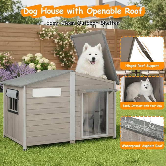 55"L Dog House Outdoor for Large Breed, XL Extra Dog House with Window Weatherproof Pet Shelter with Openable Asphalt Roof, Anti-Chewing Frame, Removable Floor,10 Support Feet for Medium to Large Dogs