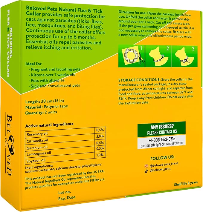 Natural Flea & Tick Collar for Cats - 12 Months Control of Best Prevention & Safe Treatment - Anti Fleas and Ticks Essential Oil Repellent (1 Count)