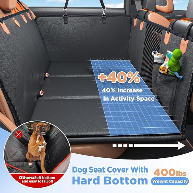 Back Seat Extender for Dogs, PU Leather Dog Car Seat Cover for Back Seat with Hard Bottom, 100% Waterproof, Scratch Proof and Anti Slip Dog Hammock for Car, Holds 400lbs