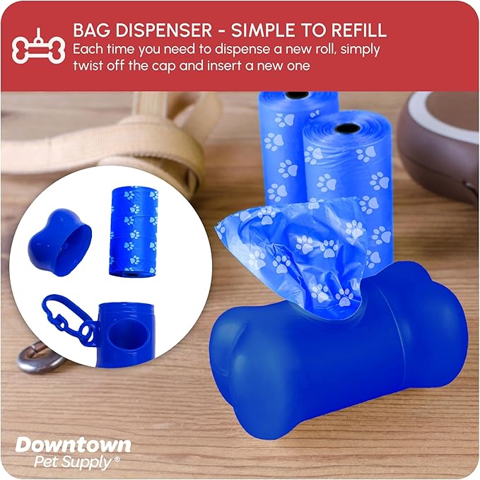 Downtown Pet Supply Poop Bags for Dogs with Dispenser, 180 Count - Leak-Proof Dog Waste Bags and Bone-Shaped Dog Poop Bags Holder for Leash - Rainbow with Paw Prints, 12.5" x 8.5"