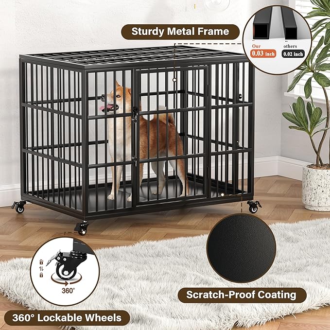 VERIFURTY 36 Inch Heavy Duty Dog Crate for Medium and Large Dogs with Self-Locking Latch, Escape-Proof Steel Dog Kennel Indoor, Double Door Metal Pet Cage with Wheels and Removable Floor