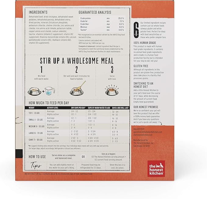 The Honest Kitchen Human Grade Dehydrated Dog Food, Limited Ingredient Beef Dog Food, 4 lb Box