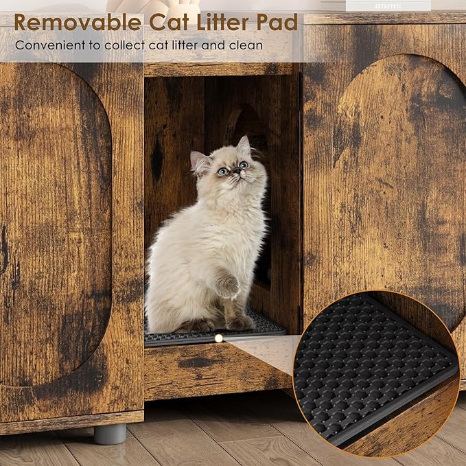 GarveeHome Large Cat Litter Box Enclosure Furniture, 55.1" Double Litter Cabinet for Two Cats with Hidden Design, Rattan Door Cat Box House with Storage, Brown