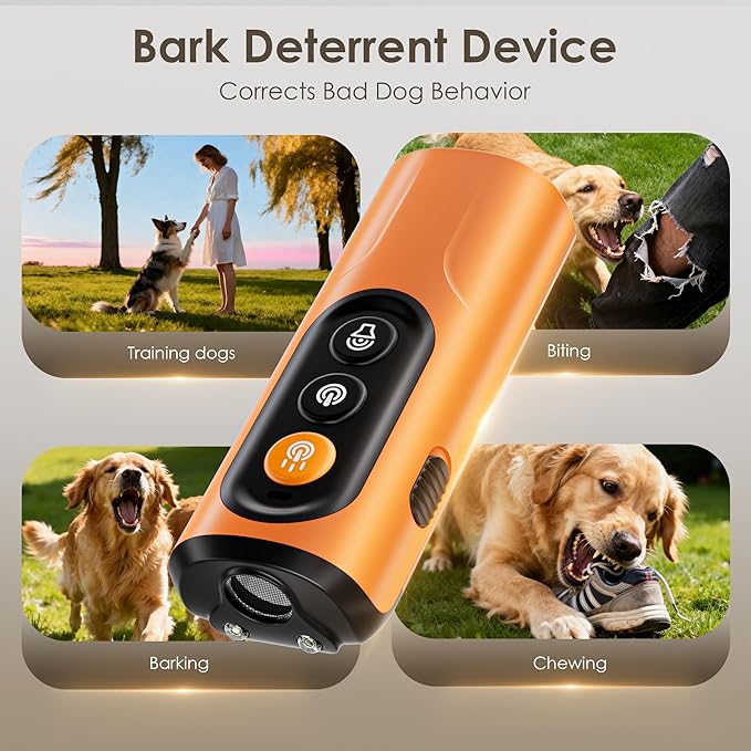 Dog Bark Deterrent Device & Anti Barking Device for Dogs, 50FT Ultrasonic Dog Trainer - Silent to Humans, Safe, Humane, Long-Lasting Rechargeable Orange Handheld with LED, Indoor/Outdoor