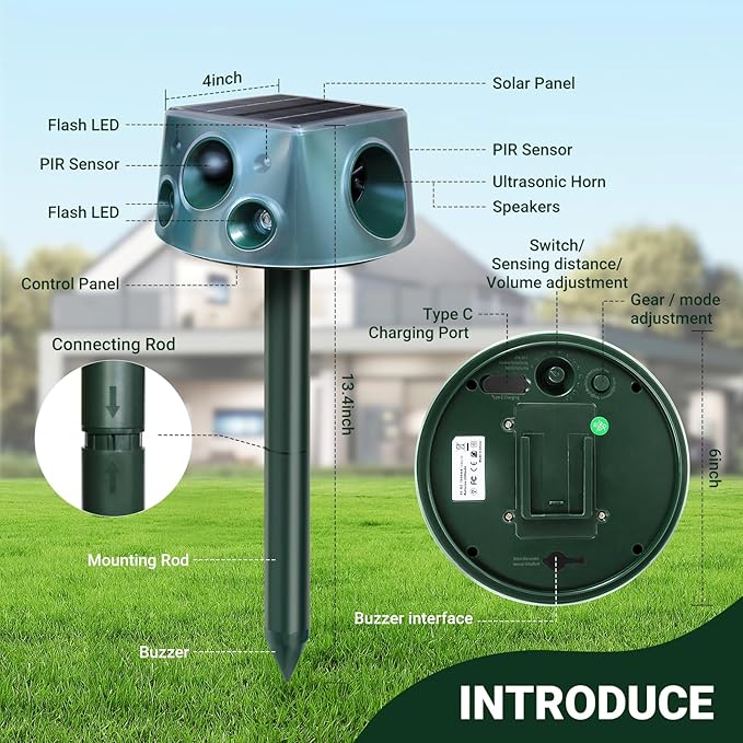 Upgraded 360° Solar Animal Repellent: Cat Repellent Outdoor | Ultrasonic Pest Repeller with Motion Detection & PIR Sensors | Squirrel Repellent for Sankes, Raccoons, Dogs, Skunk, Rabbit, Rodent IP66