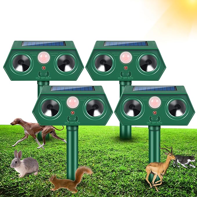 Solar Ultrasonic Animal Repeller Outdoor Cat Deer Repellent Devices, Animal Deterrent Control for Rabbit Raccoon Dog Squirrel Coyote Skunk Repellent for Yard Garden Farm,4 Pack ﻿
