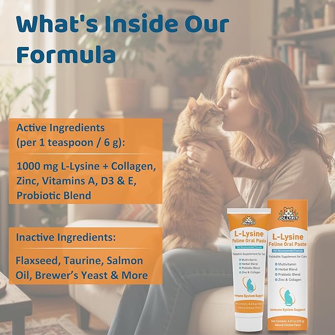 L-Lysine for Cats Oral Paste – Immune & Respiratory Support for Felines – with Collagen, Zinc, Multivitamins & Probiotics – Natural Chicken Flavor, 4.23 oz (120g)