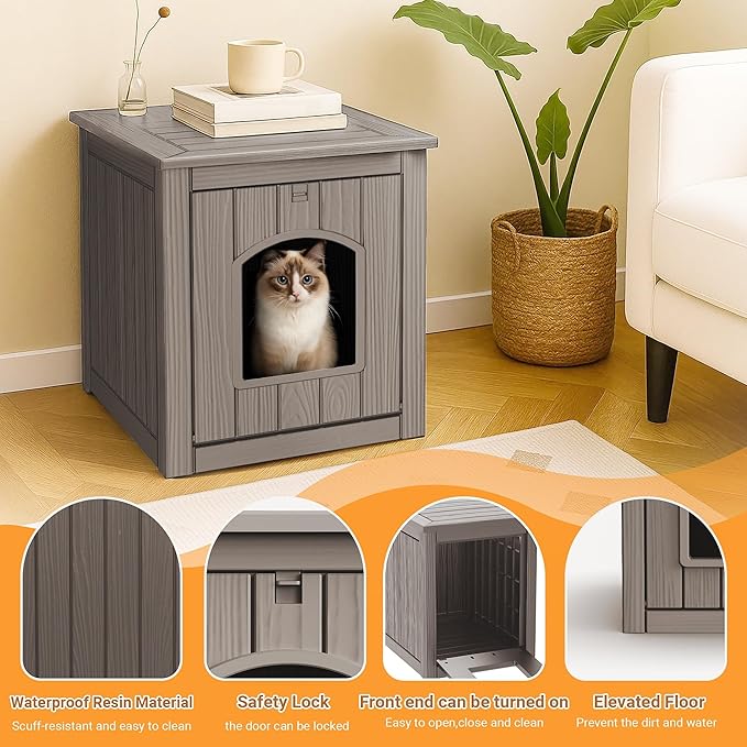 DRATO Outdoor Cat House -Weatherproof Resin Cat Houses for Cats, Durable, Easy Assembly,cat Igloo Outdoor，Durable & Insulated Shelter for Garden, Patio, or Backyard（Grey，18.46 * 23.62 * 21.42）