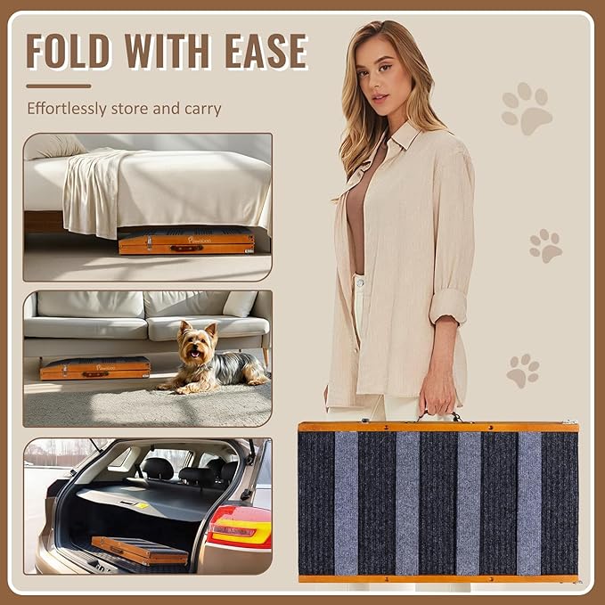 Pawaboo Dog Ramp for Small Dog, 57'' Foldable Dog Ramp for Bed, 5 Adjustable Height from 19.7'' to 30'', Portable Stable Pet Steps with Dogs Tag & Safety Side Rails, Pet Ramps for Bed Couch, Walnut