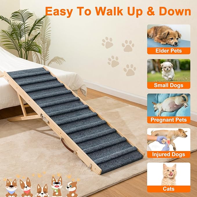 Clikuutory 2025 Upgraded Dog Ramp for Couch, 63" Foldable Small Dog Ramp for Bed, 5 Adjustable Height from 16" to 34", Portable Stable Pet Steps with Anti-Slip Carpet for Low Bed Couch Stairs, Wood