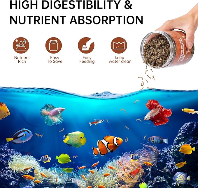 Freeze Dried Bloodworms Fish Food - High Protein Aquatic Food for Goldfish Betta Cichlids Guppies,Tropical & Saltwater Aquarium (30Z)