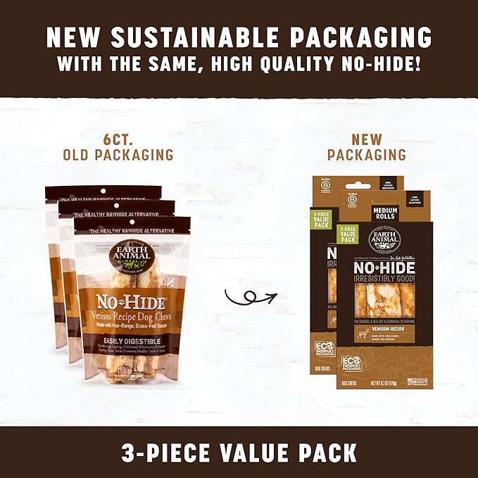 Earth Animal No Hide Chews - Long Lasting Rawhide Free Medium Dog Chews Rolls, Venison - 3 Count Value Pack