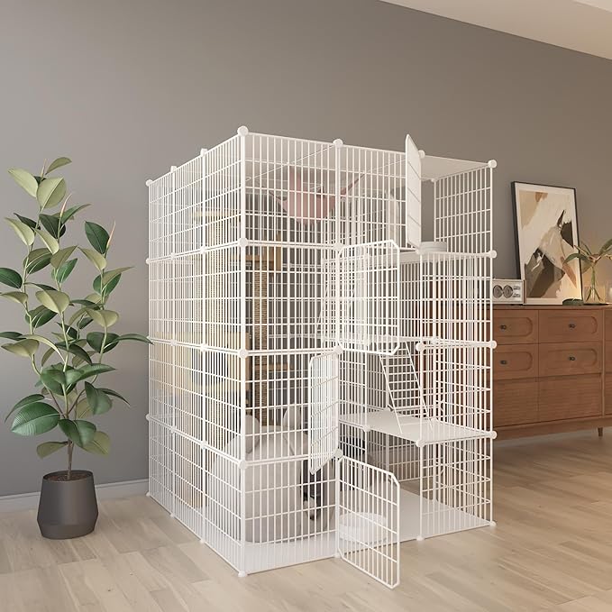 Large 4-Tier Cat Cage Indoor, DIY Cat Enclosures Detachable Metal Wire, Indoor Cat Crate Exercise Place Ideal for Kitty, Small Animals (White, 41" L x 41" W x 55" H, 7)