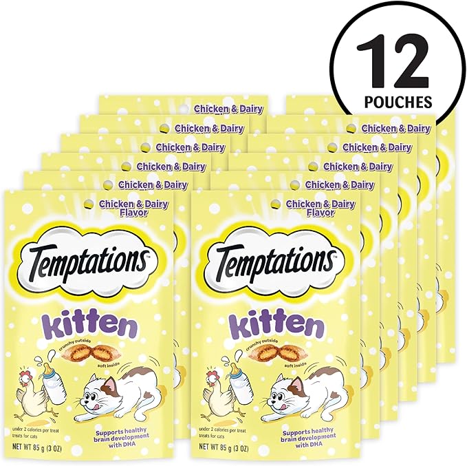 Temptations Kitten Treats Classic Crunchy and Soft Cat Treats, Chicken and Dairy Flavor, 3 oz. Pouch (Pack of 12)