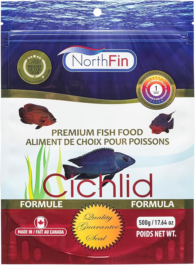 Northfin Cichlid Formula Fish Food – Slow Sinking Pellets for Cichlids (1mm, 500g) | Premium High-Protein, All-Natural Cichlid Diet to Enhance Color & Growth – No Fillers, No Hormones, Made in Canada