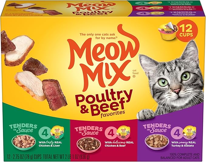 Meow Mix Tenders in Sauce Wet Cat Food,Poultry & Beef Variety Pack,2.75 Ounce Cup,(Pack of 96)
